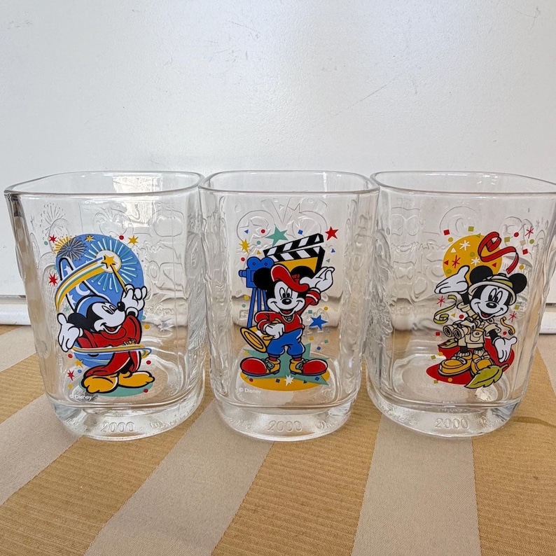 Set of 3 Disney 2000 Millennium Glass Tumblers | McDonald’s Mickey Mouse Glasses | Y2K Disney Collectibles 画像 1