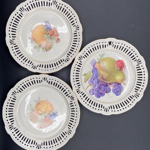 Vintage Bavarian Fruit Plates | Schwarzenhammer SWH20 Pierced Edge Trio | Oranges, Pears & Grapes | Free U.S. Shipping