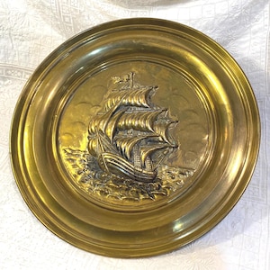 Large Brass Wall Hanging | 15.75&quot; Sailing Ship Relief Plaque | Vintage Maritime Coastal Decor