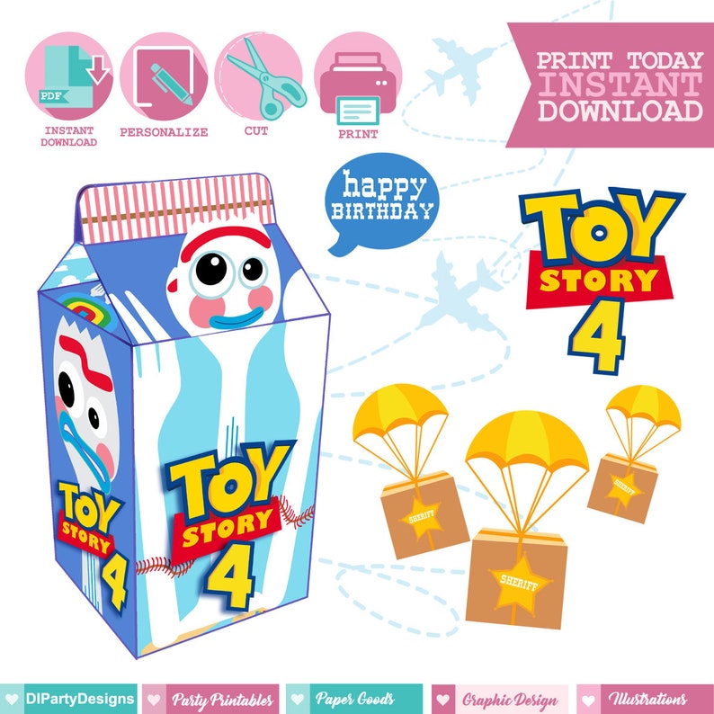 Buzz Lightyear Favor Boxes Forky Digital printable Toy Story 4 birthday printables,Toy Story Treat Boxes Forky Birthday