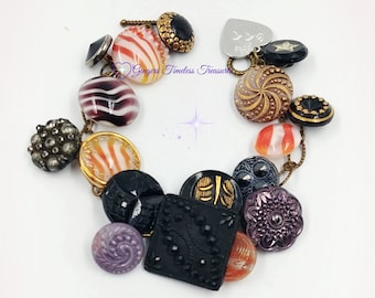 Vintage Button Bracelet, Glass Buttons Charms. Black, Orange and Purple, Handmade Jewelry for Her, Halloween Lovers Gifts