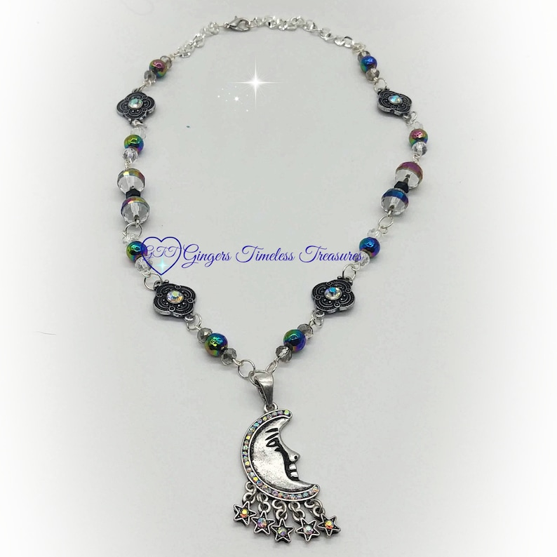 Handmade Crescent Moon and Stars Necklace