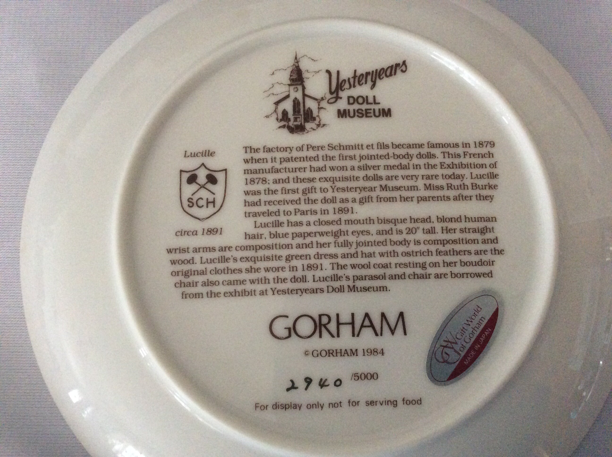 Gorham 1984 Yesteryears Doll Museum プレート 【公式通販】