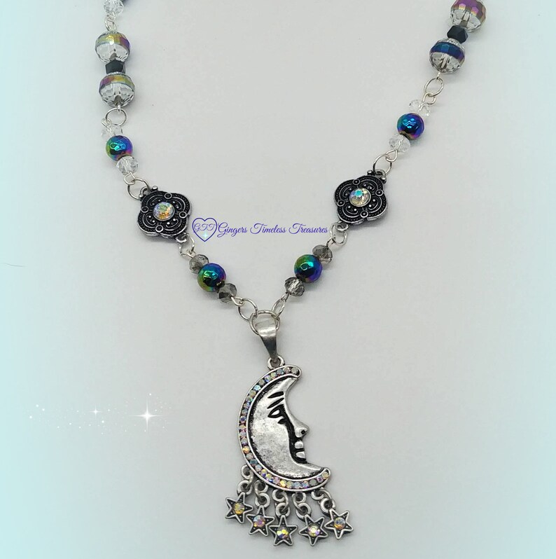 Handmade Crescent Moon and Stars Necklace