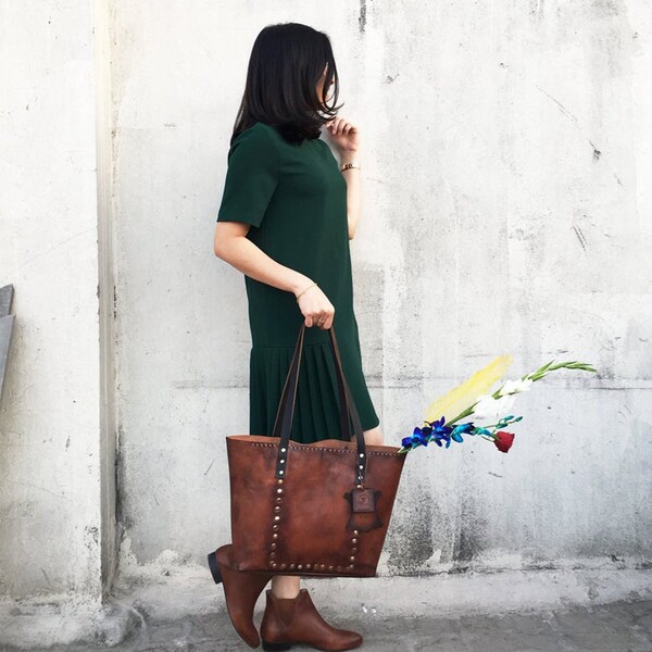 Brown Leather Tote with Zipper, Big Sister Gift, Work Bag, Women Leather Tote With Pocket, Slouchy Large handbag,