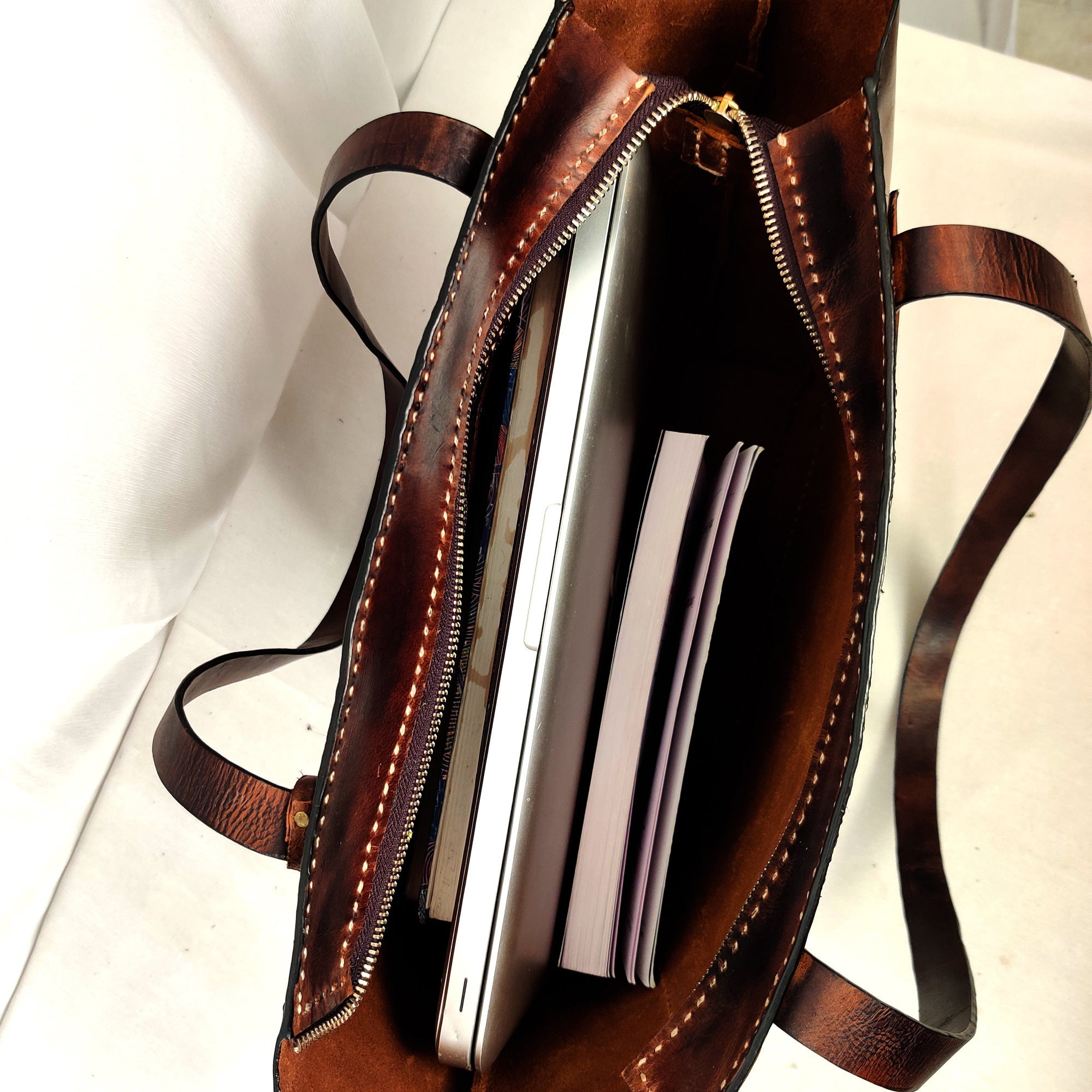 Brown Leather Laptop Work Tote Bag With Zipper Handmade Etsy UK
