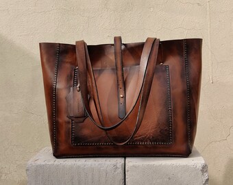 Brown Leather Purse for Work with Top Handle and Pocket - Customised Leather Bag for Christmas Gift