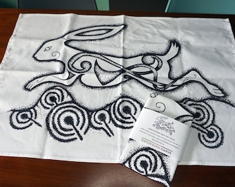 Celtic Leaping Hare Tea Towel. Scottish Archaeology Design Printed on Superior Quality Cotton.