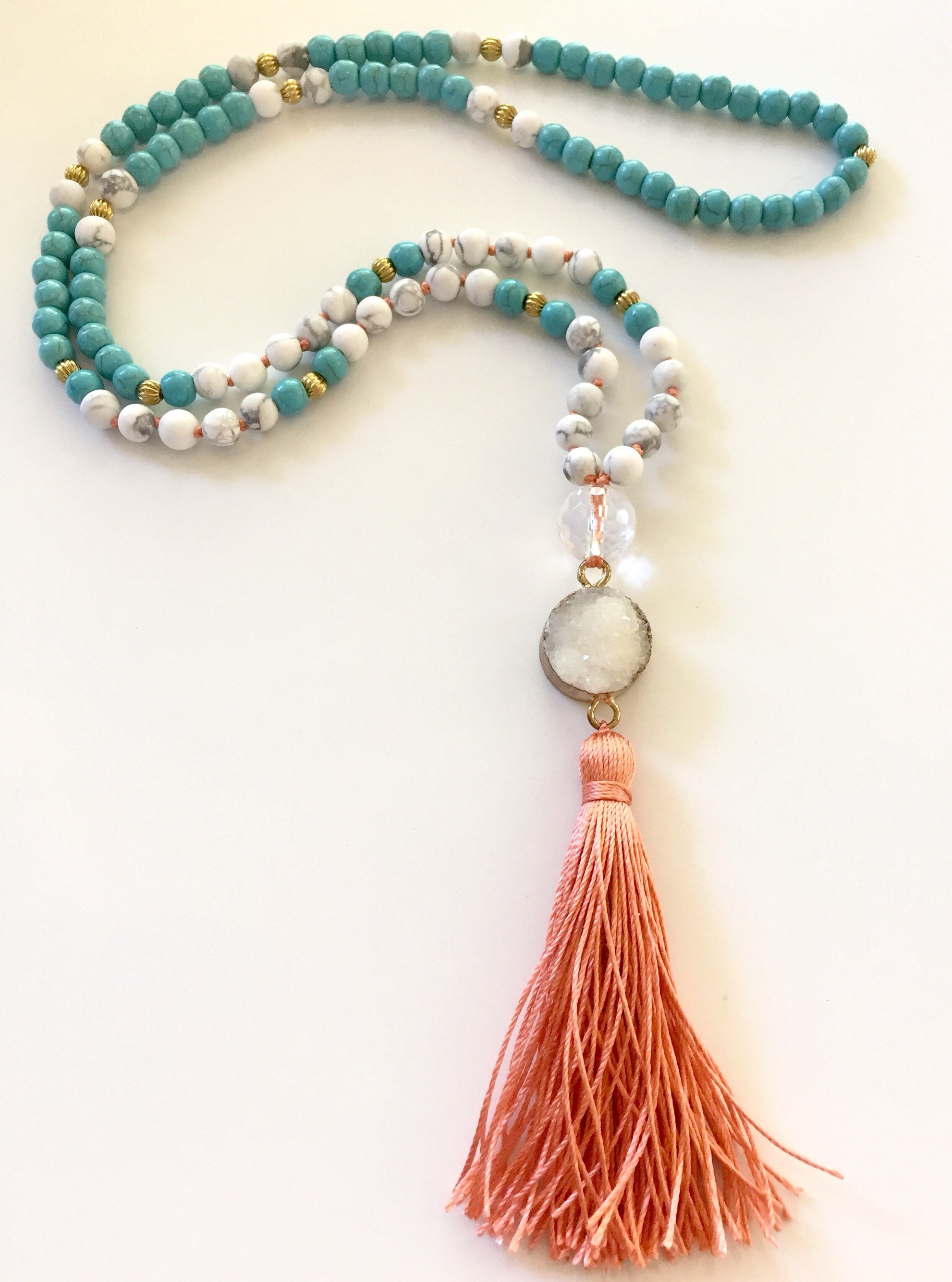 The Savasana Mala, Howlite Jasper, Magnesite, Clear Crystal and Druzy