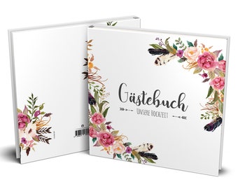 Gästebuch Hochzeit I mit Fragen | Boho Hippie Bohemian | Blumenmuster | quadratisch