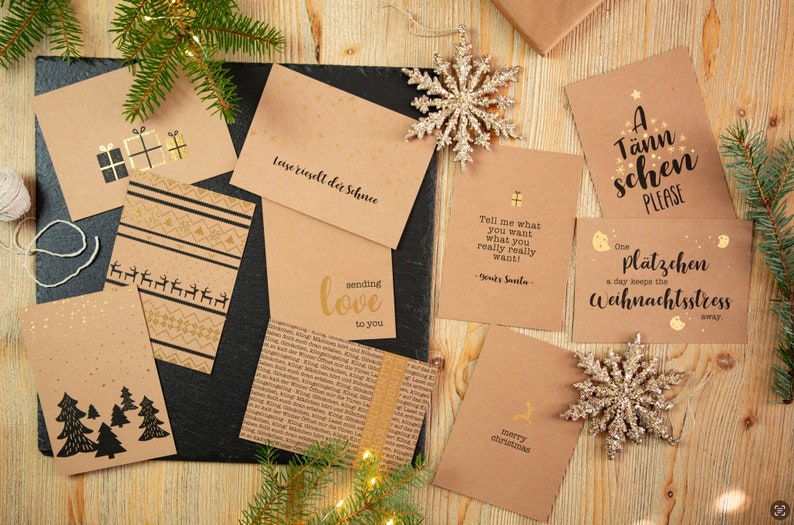 20 edle Weihnachtskarten Set Goldfolie handgemacht handgemalt Kraftpapier A6 Klappkarten Weihnachten Postkarten Weihnachtsgrüße Bild 2