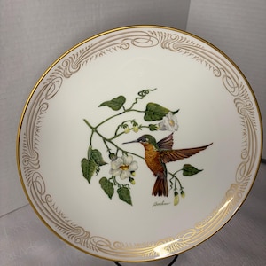 May include: A white decorative plate with a gold rim and ornate gold detailing. The plate features a detailed illustration of a hummingbird with brown and orange feathers, hovering near white flowers and green leaves.