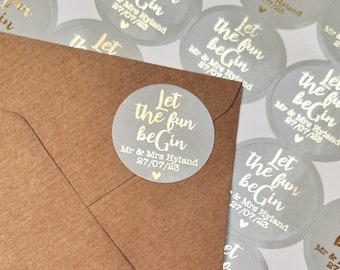 Let The Fun BeGin Wedding Day Stickers • Personalised Wedding Labels for Gin Favours