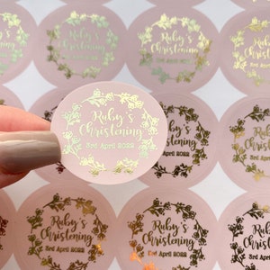 Real Foil Personalised Wreath Design Baptism/Christening Stickers • Thank you Sweet Bag Labels