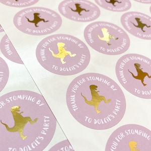 Pink • Thank You for Stomping by Party Stickers • Personalised Girl Dinosaur Party Labels