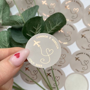 Foiled Aeroplane Abroad Wedding Stickers • Personalised Initial & Date Labels • Destination Party Favours