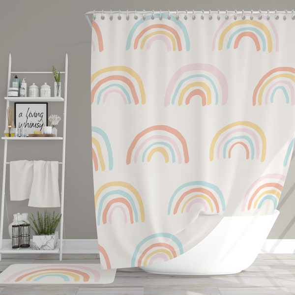 Boho Kids Cream Rainbow Shower Curtain, Pastel Bohemian Rainbow Shower Curtain, Bohemian Abstract Rainbow Bathroom Décor, Girls Bathroom