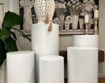 Set of 5 White Wedding Metal Pedestals, Metal cylinders in stock ships within 24HRS!