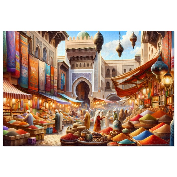 Moroccan Bazaar Jigsaw Puzzle Unique Morocco Gift for Mom Friend Market Lover Adults Kids Detailed 100, 250, 500, 1000 Pieces with Metal box