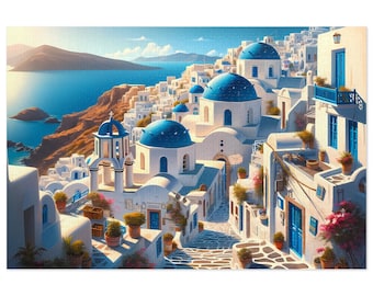 Greek Island Village Jigsaw Puzzle Unique Greece Gift for Mom Friend Blue Dome Lover Adult Kids Detailed 100, 250, 500, 1000 Piece Metal box
