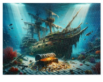 Sunken Pirate Ship Jigsaw Puzzle Unique Gift for Friend Underwater Treasure Lover Adults Kids Detailed 100, 250, 500, 1000 Pieces Metal box