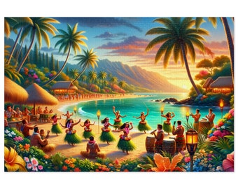 Hawaiian Luau Party Jigsaw Puzzle Unique Gift for Mom Friend Hawaii Island Lover Adults Kids Detailed 100, 250, 500, 1000 Pieces Metal box