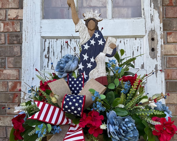 Patriotic Floral Centerpiece with Lady Liberty, 4th of July Table Decor, Red White Blue Arrangement, Americana Home Decor, Home Decor