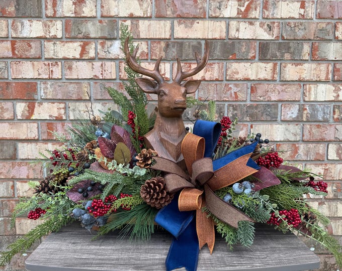 Rustic Woodland Christmas Deer Centerpiece, Handmade Holiday Table Decor, Navy Blue Burgundy Christmas Arrangement, Cabin Christmas Decor