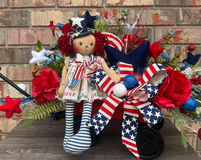 Primitive Patriotic Doll Centerpiece, Americana 4th of July Table Decor, Red White Blue Wagon Arrangement, Table Decor, Home Decor