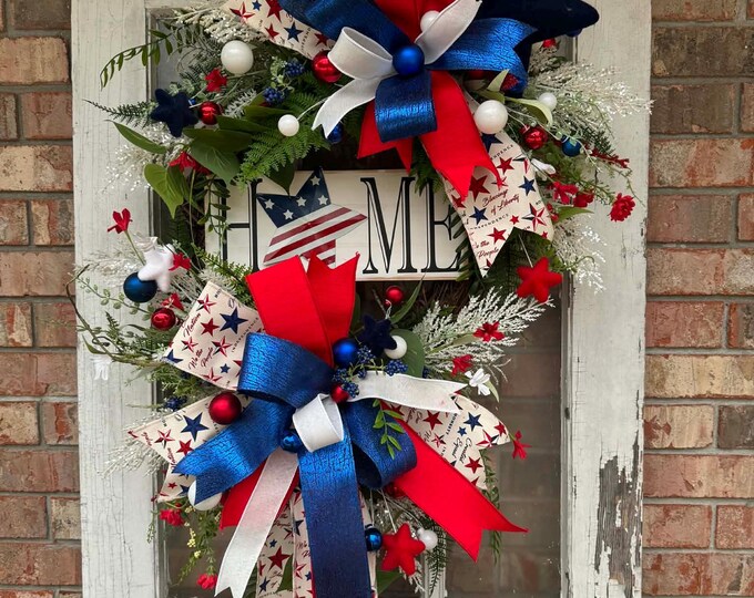 Patriotic “HOME” Wreath, Patriotic Wreath, 4 of July Door Swag, Americana Front Door Decor, Patriotic Decor, Home Decor, Front Door Decor