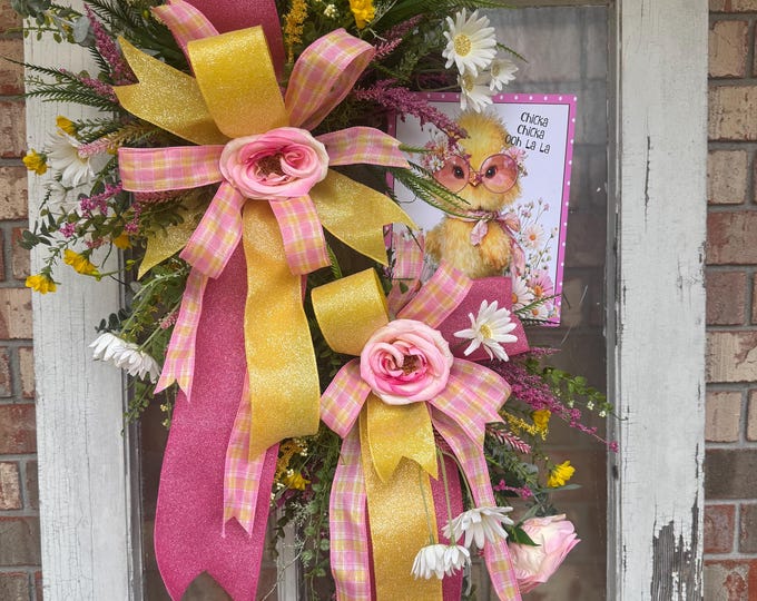 Easter Chick Wreath, Pink & Yellow Spring Door Decor, Whimsical Floral Front Door Wreath, Farmhouse Easter Decoration, Front Door Wreath
