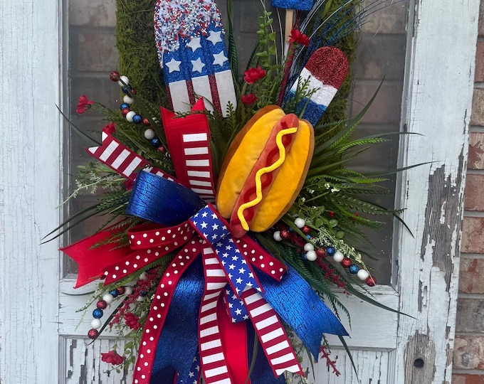 Patriotic Summer Door Hanger, 4th of July Door Decor, Hot Dog & Popsicle Front Door Swag, Americana Red White Blue Wreath, Memorial Day
