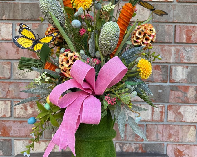 Whimsical Spring Floral Centerpiece, Butterfly & Carrot Arrangement, Easter Table Decor, Farmhouse Spring Decor, Home Decor, Table Decor