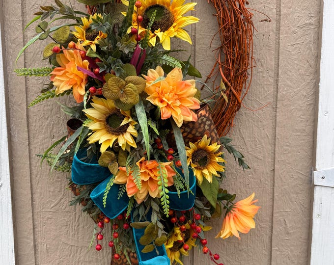 Sunflower & Teal Velvet Fall Wreath, Rustic Autumn Door Hanger, Farmhouse Harvest Decor, Front Door Wreath, Home Decor, Front Porch Decor
