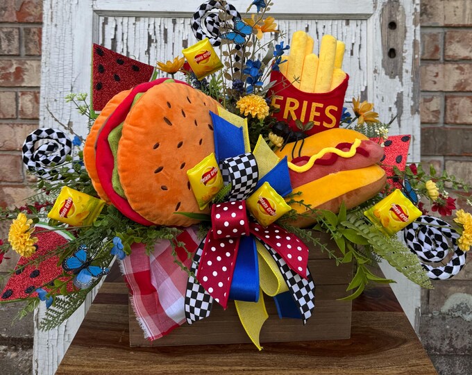 Whimsical BBQ Centerpiece, Summer Arrangement, Summer Cookout Decor, Fun Food-Themed Table Decor, Table Decor, Summertime Decor, Summer