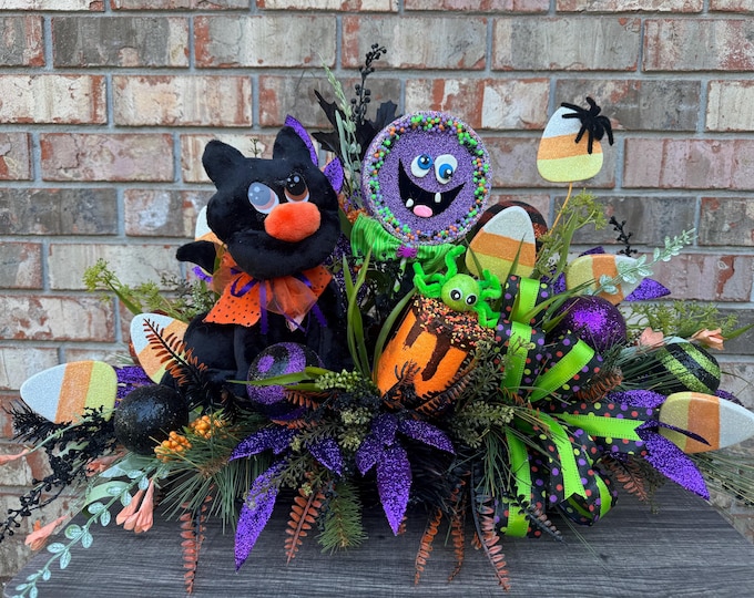 Whimsical Halloween Centerpiece, Black Cat Decor,  Candy Corn Table Decor, Spooky Cute Halloween Arrangement, Halloween Decor, Home Decor