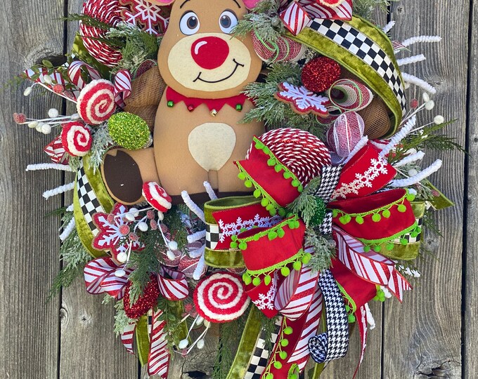 Reindeer Wreath, Reindeer Decor, Christmas Wreath, Whimsical Wreath, Christmas Decor, Home Decor, Front Door Decor, Front Door