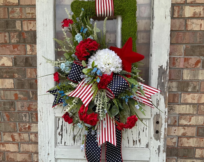 Patriotic Moss Wreath, Red White Blue Door Hanger, 4th of July Wreath, Americana Floral Swag, Memorial Day Decor, Summer Front Door Decor