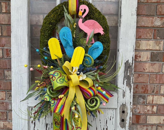 Flamingo Summer Door Swag, Tropical Popsicle Wreath, Flamingo Front Door Decor, Beachy Summer Door Hanger, Tropical Porch Decor