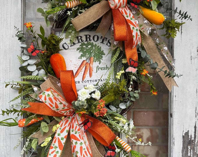 Carrot Patch Spring Wreath, Farmhouse Easter Door Decor, Rustic Bunny Butterfly Wreath, Handmade Front Door Wreath, Easter Wreath