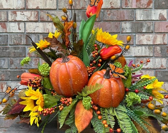 Fall Pumpkin & Sunflower Centerpiece | Thanksgiving Table Decor | Rustic Harvest Floral Arrangement | Autumn Home Decoration