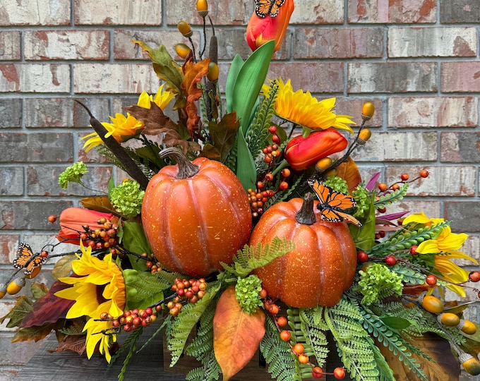 Fall Pumpkin & Sunflower Centerpiece | Thanksgiving Table Decor | Rustic Harvest Floral Arrangement | Autumn Home Decoration