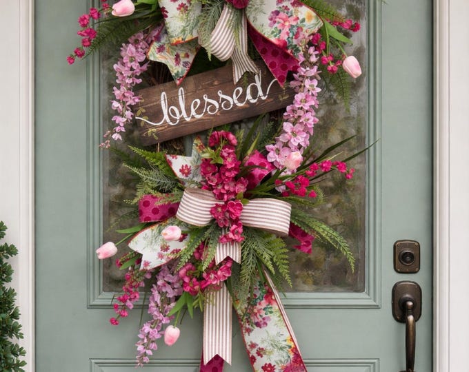 Spring Wreath for Front Door, Pink Floral Wreath with Blessed Sign, Everyday Door Hanger, Farmhouse Spring Decor, Summer Wreath, Fron Door