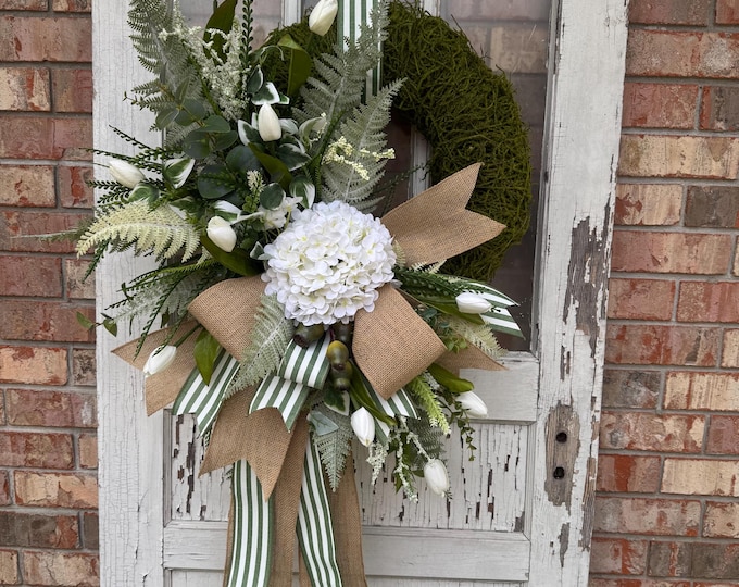 Spring Hydrangea Door Swag, Farmhouse Greenery Wreath, White Hydrangea & Tulip Front Door Decor, Moss Wreath, Everyday Farmhouse Door Hanger