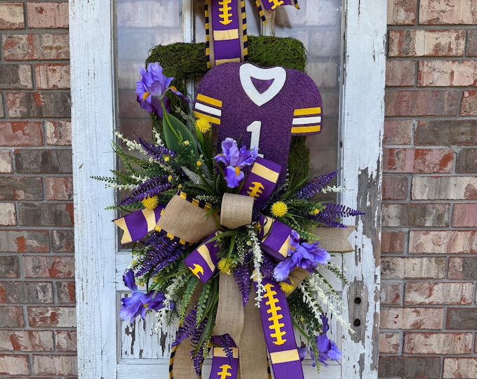 Football Wreath for Front Door, Purple and Gold Door Hanger, Sports Wreath, Game Day Decor, Team Spirit Wreath, Football Season Decor
