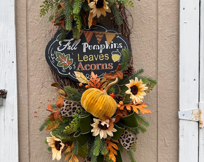 Fall Pumpkin Wreath, Acorns Door Wreath,Rustic Autumn Sunflower Pumpkin Swag, Farmhouse Front Door Decor, Front Door Decor, Home Decor