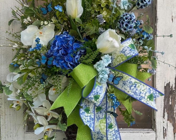 Blue & Green Spring Basket Door Hanger, Hydrangea Tulip Door Decor, Everyday Floral, Front Door Basket, Home Decor, Front Door Decor