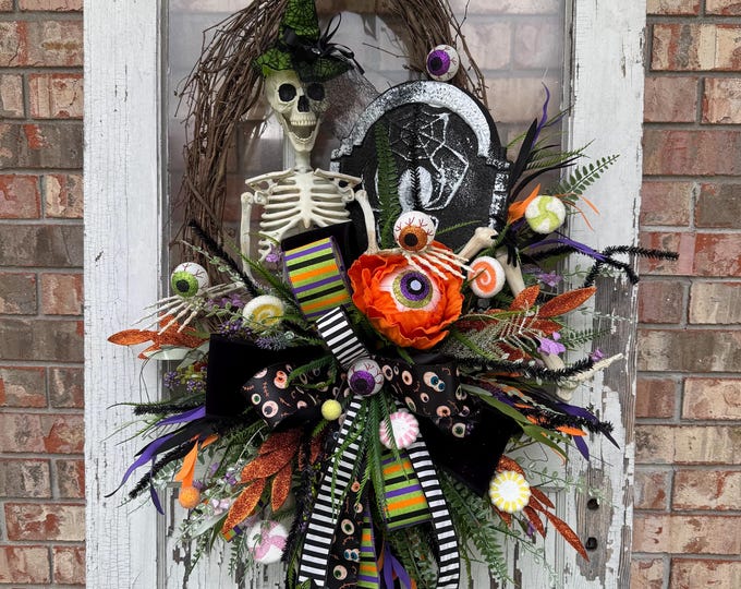 Whimsical Halloween Skeleton Wreath, Spooky Eyeball & Tombstone Door Hanger, Halloween Front Door Decor, Halloween Wreath, Front Door Decor