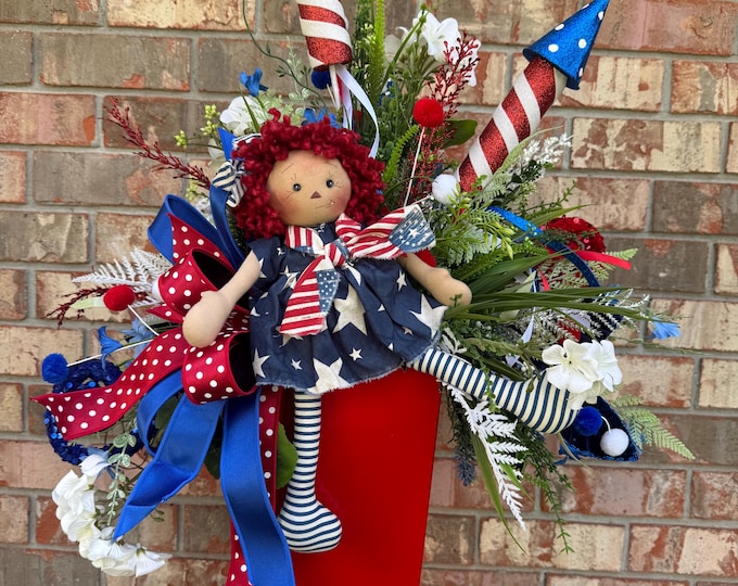 Patriotic Firework Centerpiece with Rag Doll, 4th of July Decor, Red White and Blue Table Decor, Americana Holiday Arrangement, Home Decor