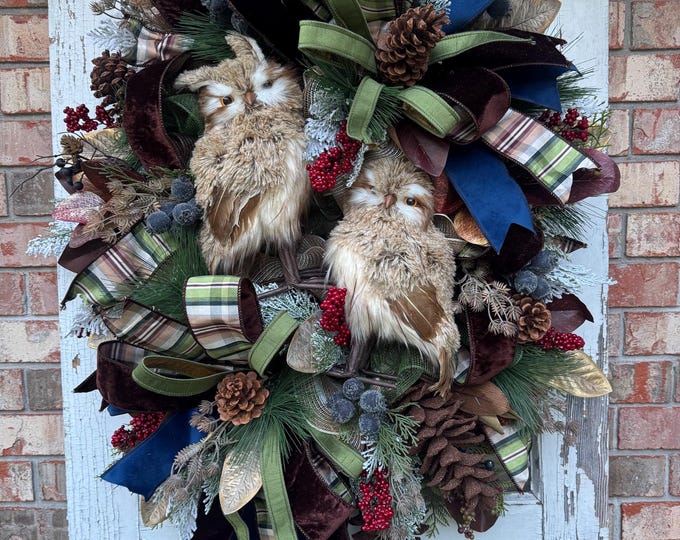 Rustic Woodland Owl Christmas Wreath, Winter Owl Door Decor, Woodland Christmas Door Hanger, Rustic Holiday Wreath, Handmade Christmas Decor